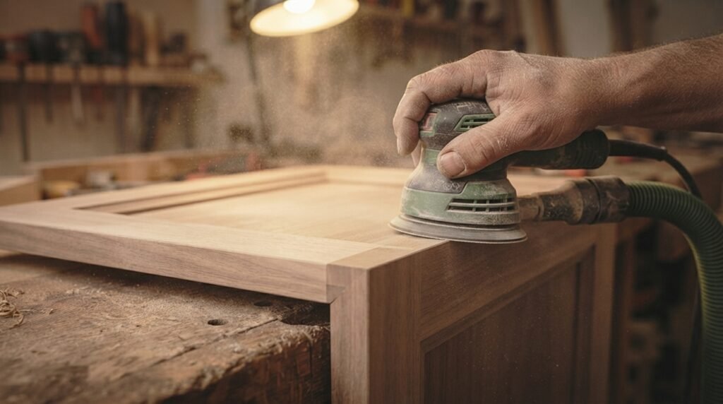 Using an orbital sander to finish a custom cabinet door.