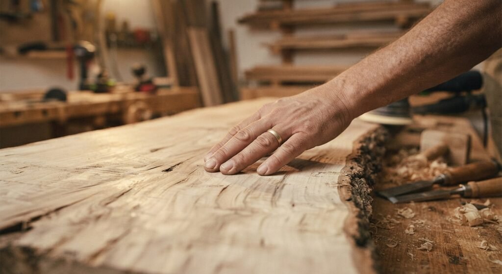 Inspecting the grain and texture of a raw live edge wood slab by hand.
