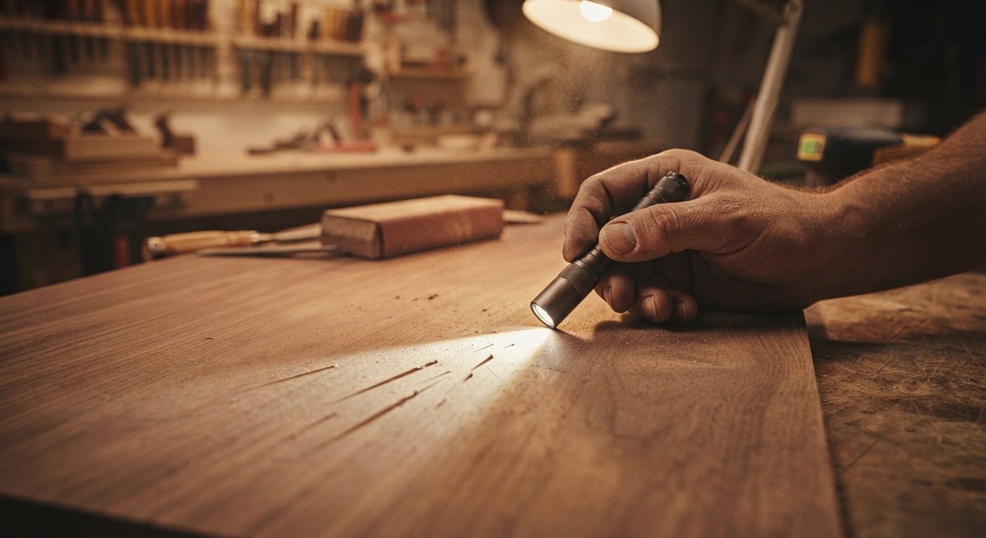 Inspecting a wood veneer surface using low-angle raking light for flaws.