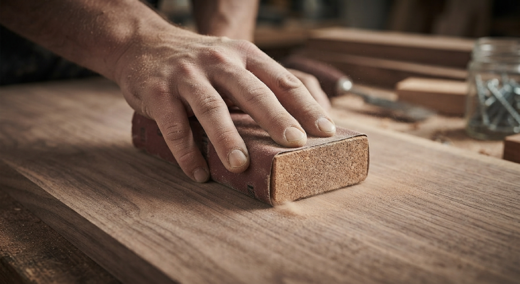 Hand sanding bare wood with a sanding block along the grain.