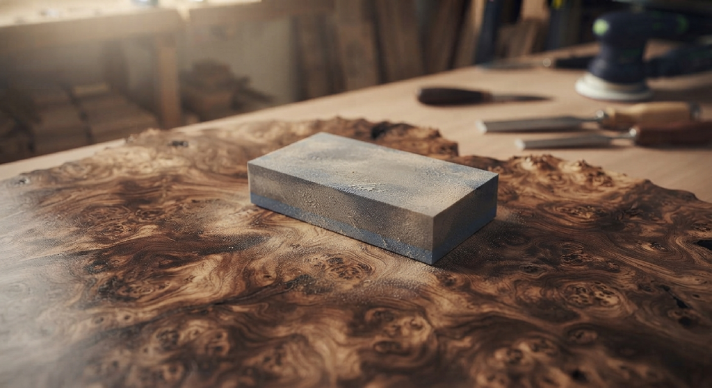 Foam sanding block resting on a maple burl wood piece.
