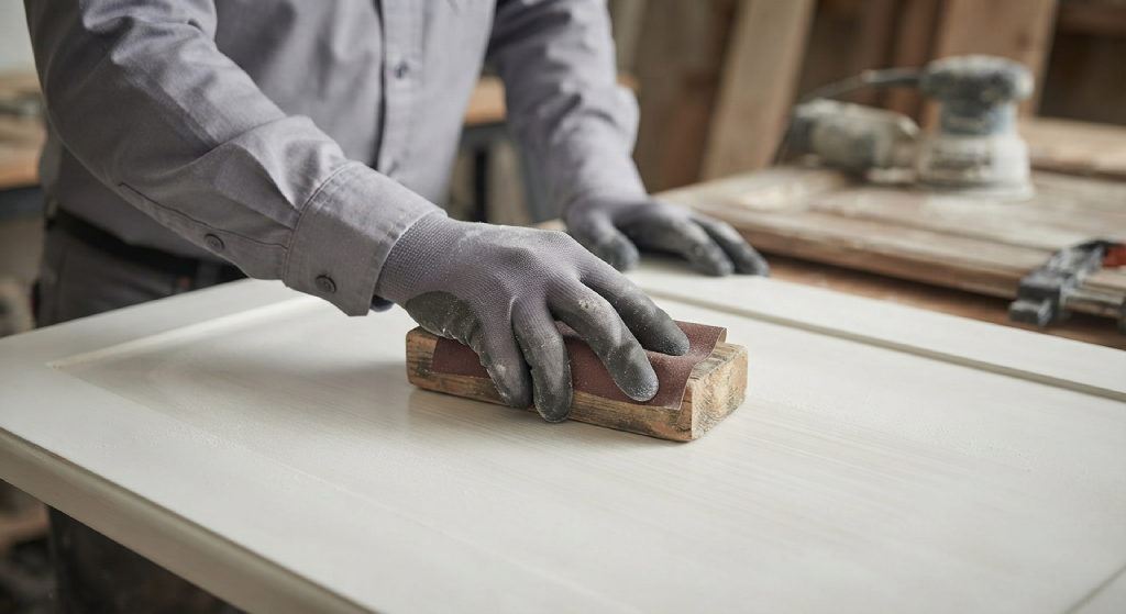 Hand sanding a flat painted panel using a sanding block.
