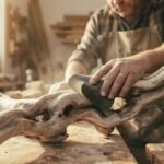 Sanding rough spots on a piece of driftwood with coarse sandpaper.
