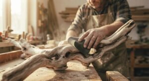 Sanding rough spots on a piece of driftwood with coarse sandpaper.