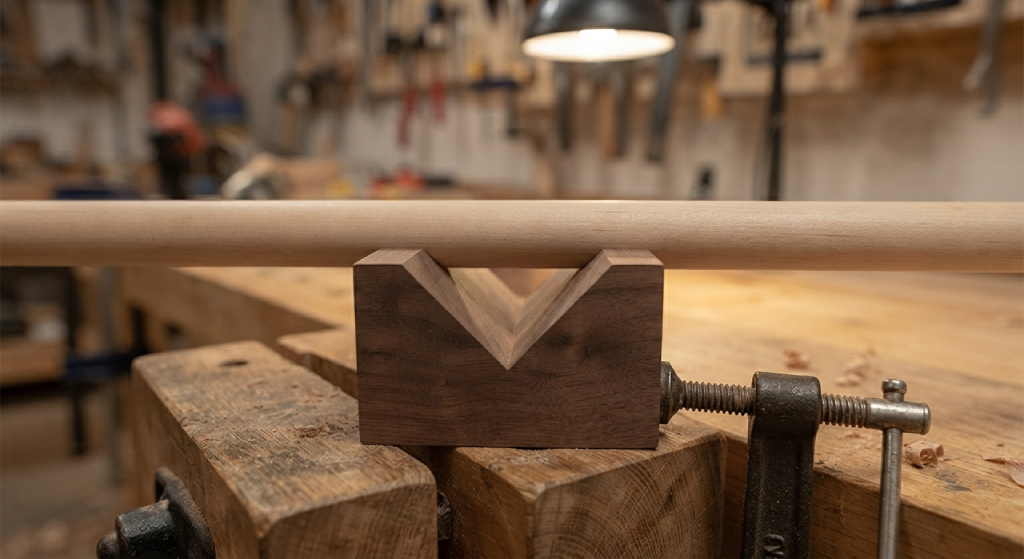 Wooden dowel secured in a V-shaped cradle block on a workbench.