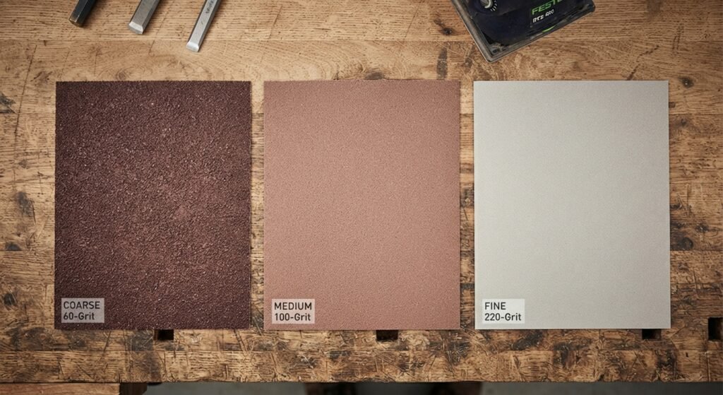 Different grades of sandpaper grit laid out on wood.