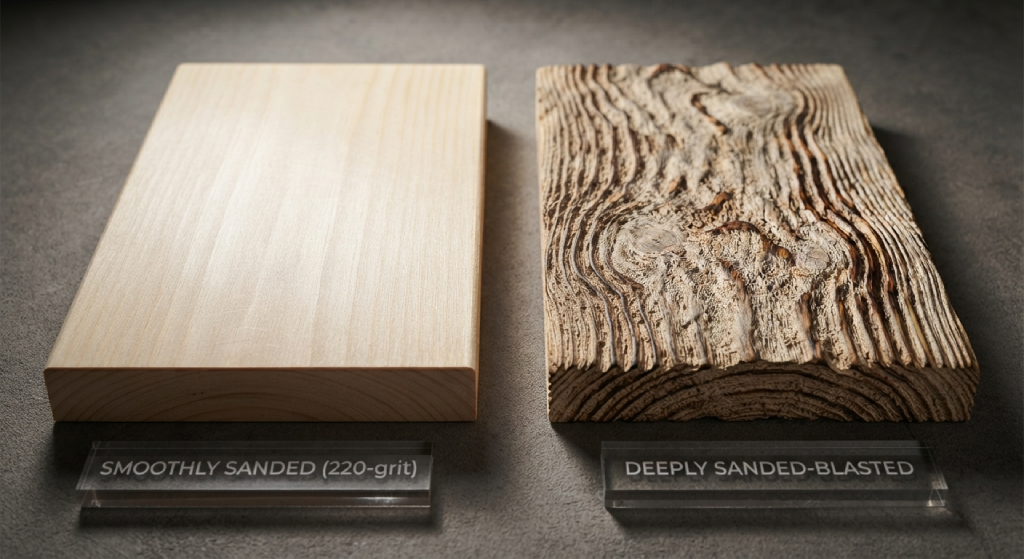 : Comparison between smooth traditional wood sanding and textured sandblasted wood.