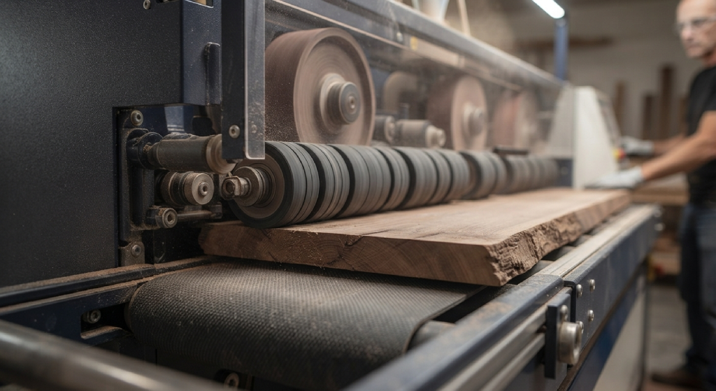 Close-up of conveyor feed rollers feeding wood into an automatic sander.