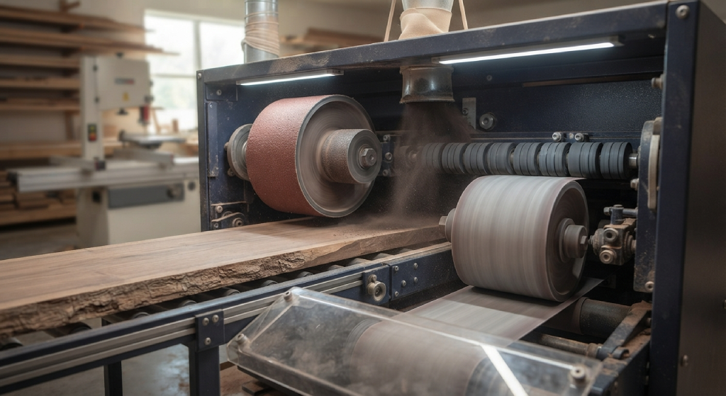 Internal view of dual sanding heads inside an automatic wood sander.
