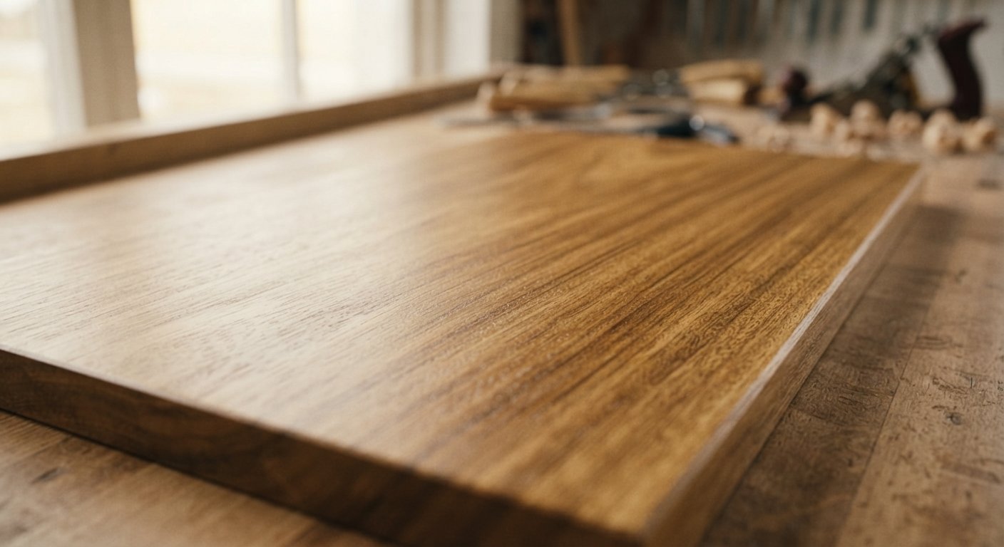 Close-up of a rich golden-brown teak wood plank showing its natural oil finish and grain.