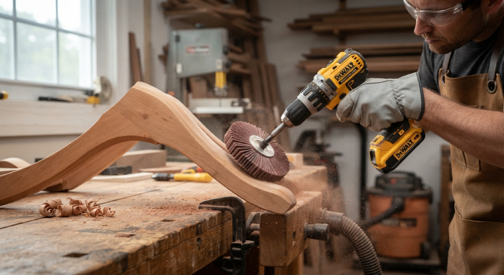 Using a drill-mounted sanding mop to smooth a curved wooden table leg.