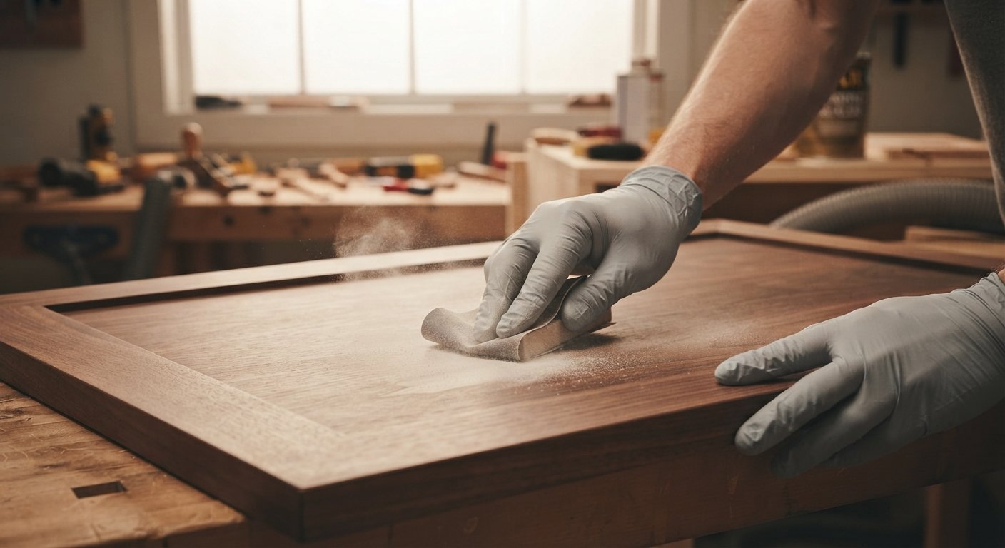 A woodworker lightly sanding a dried sanding sealer coat on a wooden furniture panel.