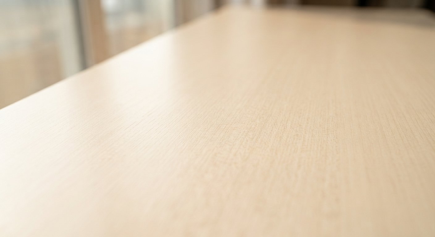 Close-up of a smooth, light beige rubberwood surface with a subtle grain pattern.