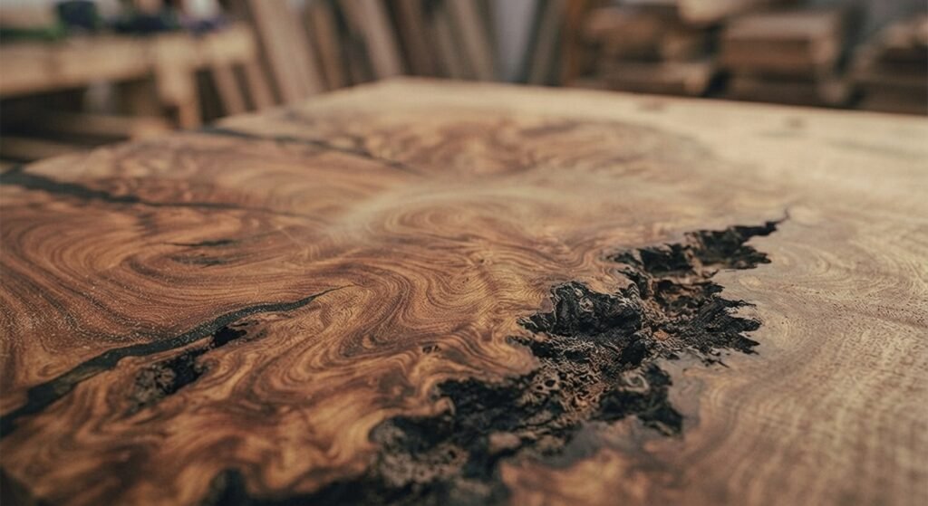 Close-up of dense mesquite wood grain and natural bark inclusions.