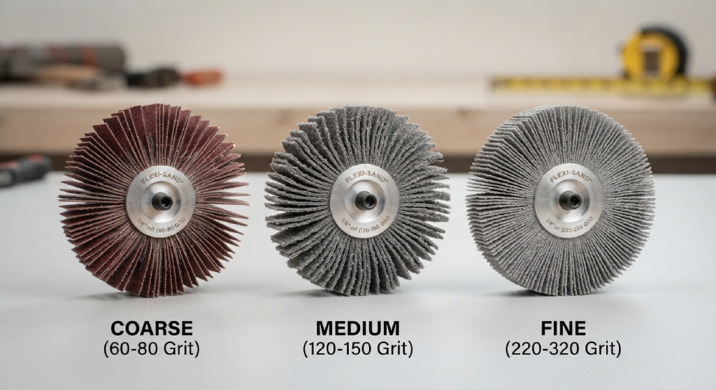 : Comparison of sanding mops with coarse, medium, and fine abrasive grits.