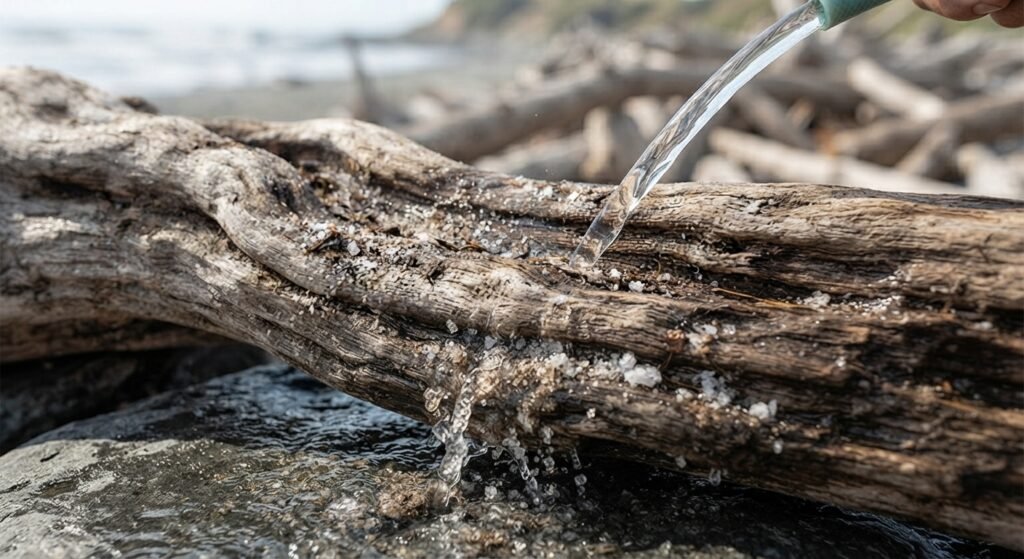 Washing saltwater driftwood with water before sanding.