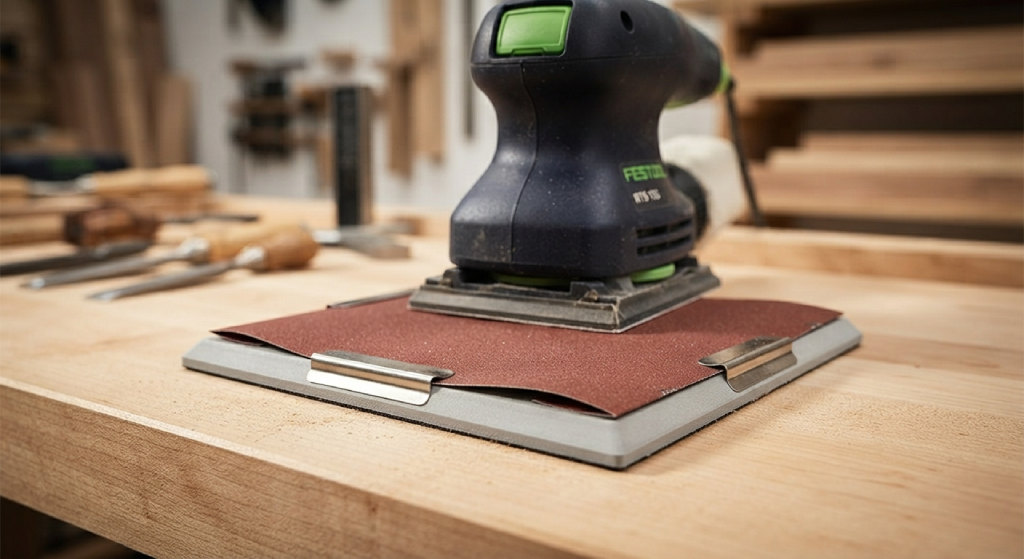 Close-up of the variable speed dial and grip on a palm sander.
