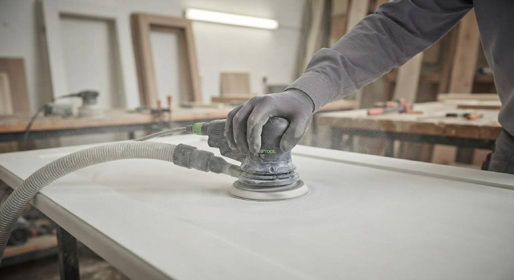 Using an orbital power sander on a large flat painted door.