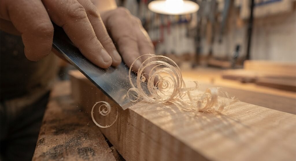 Macro view of a card scraper cutting fine wood curls from figured maple.