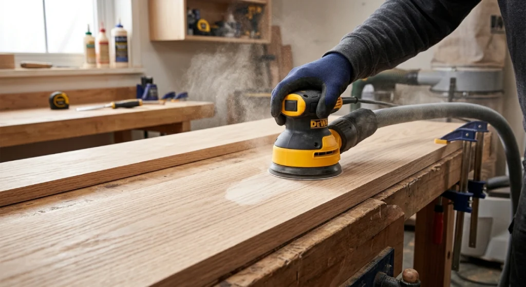 : Hand sanding a wooden surface in the direction of the grain.