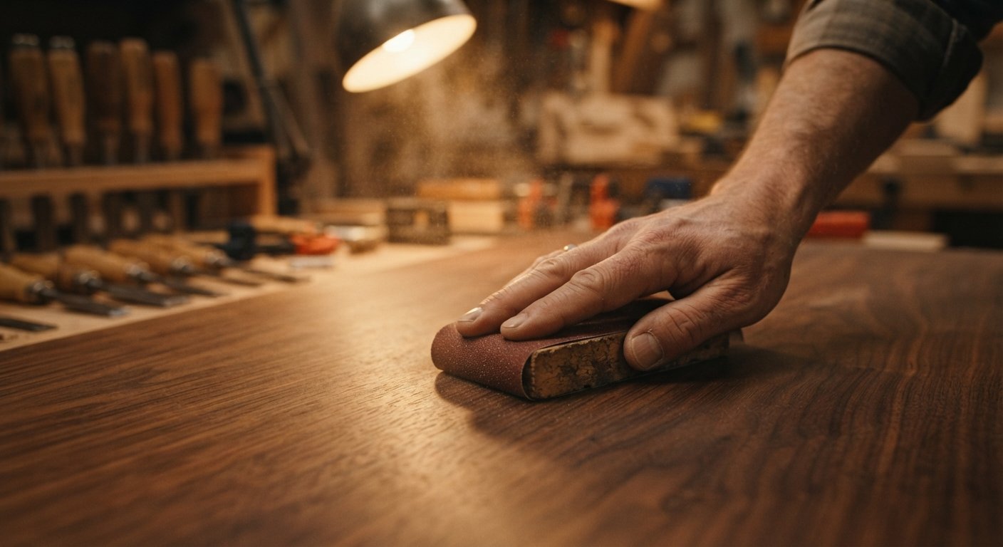 A woodworker using a sanding block to carefully smooth a walnut wood veneer surface.