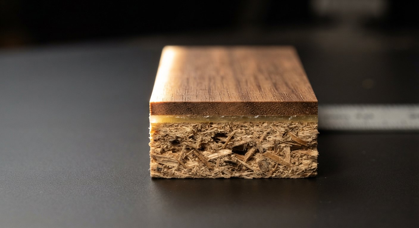 Macro view of a thin wood veneer layer bonded to a substrate panel.