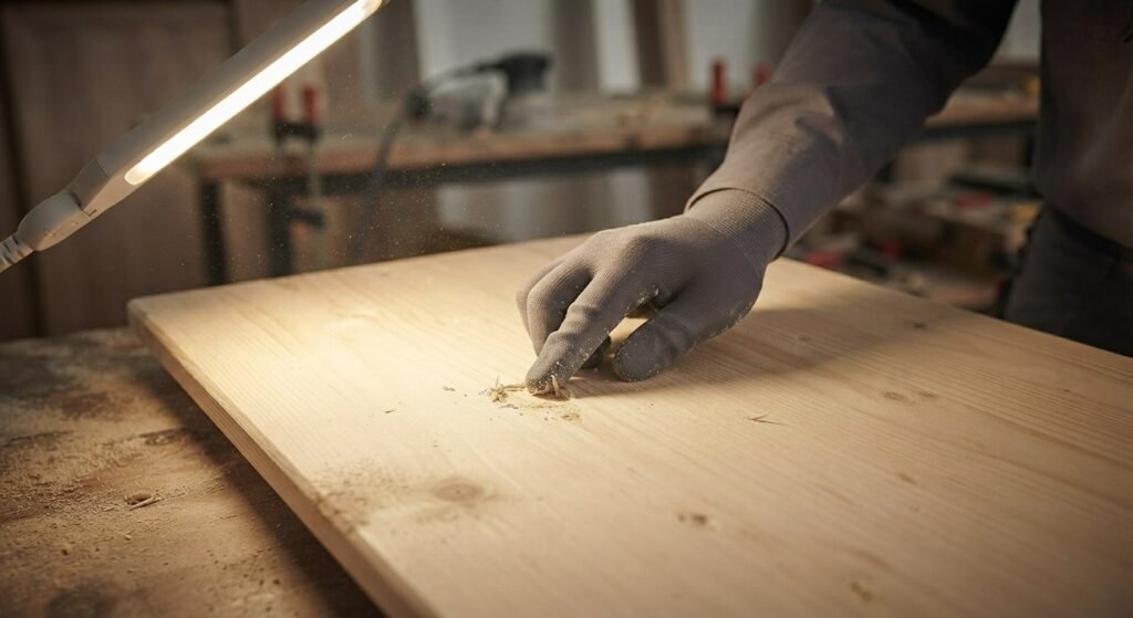 Examining raw pine board under angled work lighting to check surface defects.