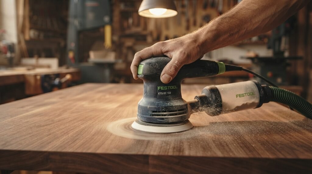 Using a random orbital sander on a flat wooden tabletop in a workshop