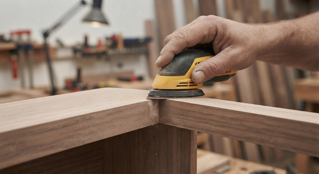 Guiding a triangular detail sander into a tight corner.