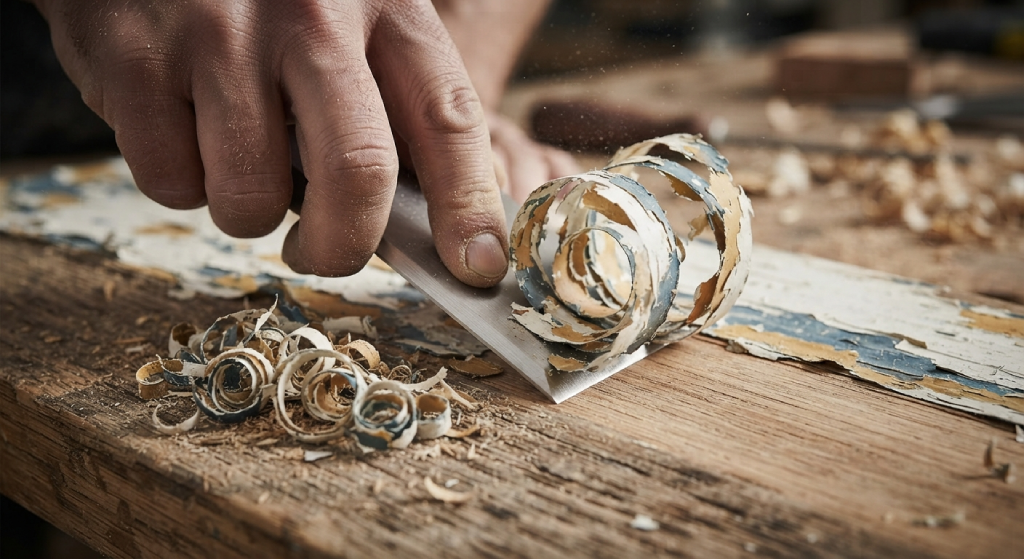 Hand sanding bare wood with a sanding block along the grain.