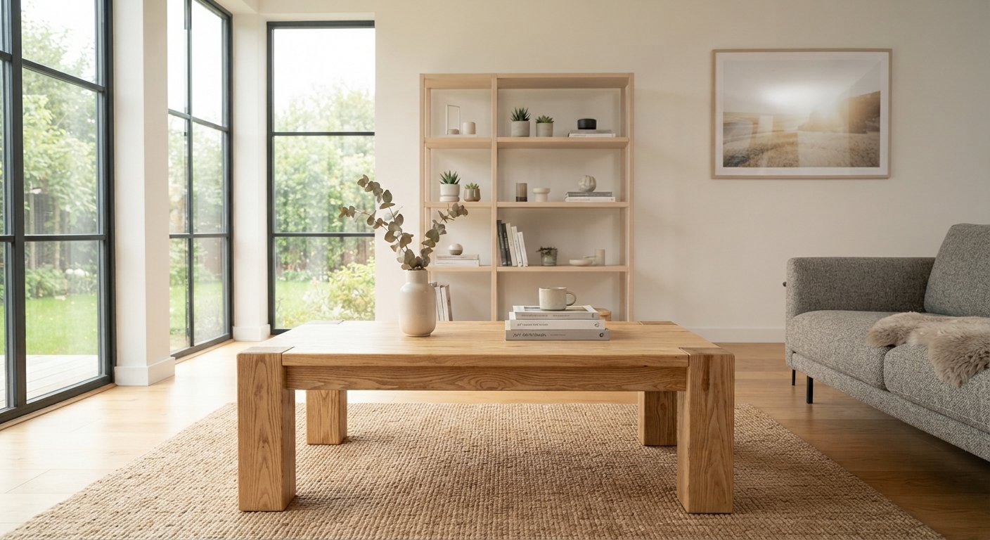 Modern living room interior featuring furniture made from ash wood and rubberwood.
