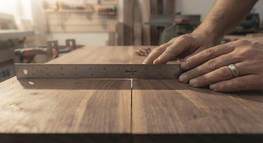 Metal straightedge checking wood joint alignment under raking light.