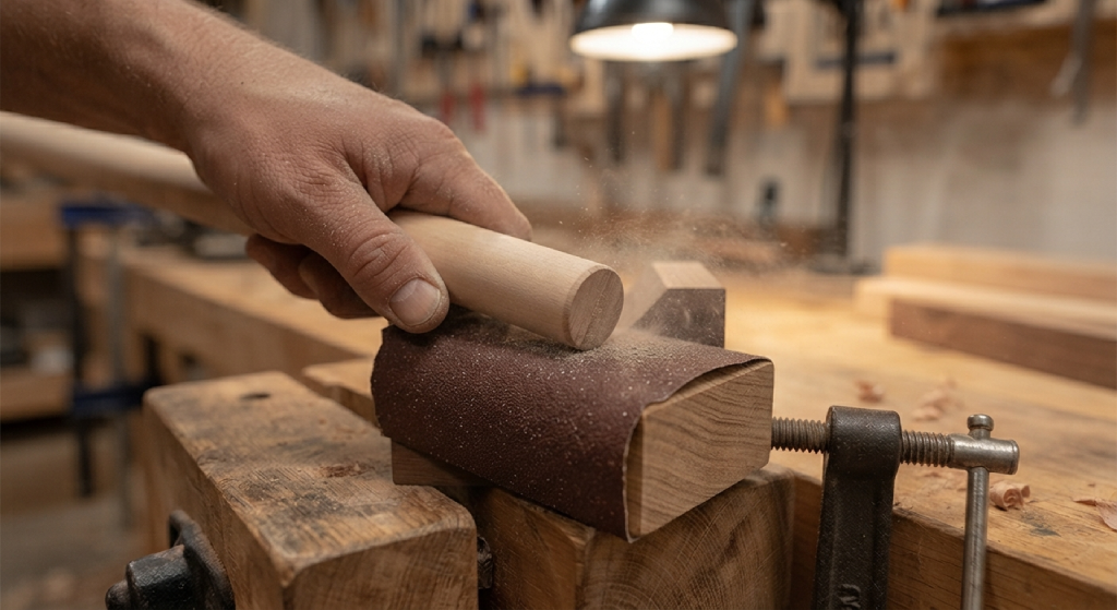 Sanding the flat end of a wooden dowel on a sanding block.