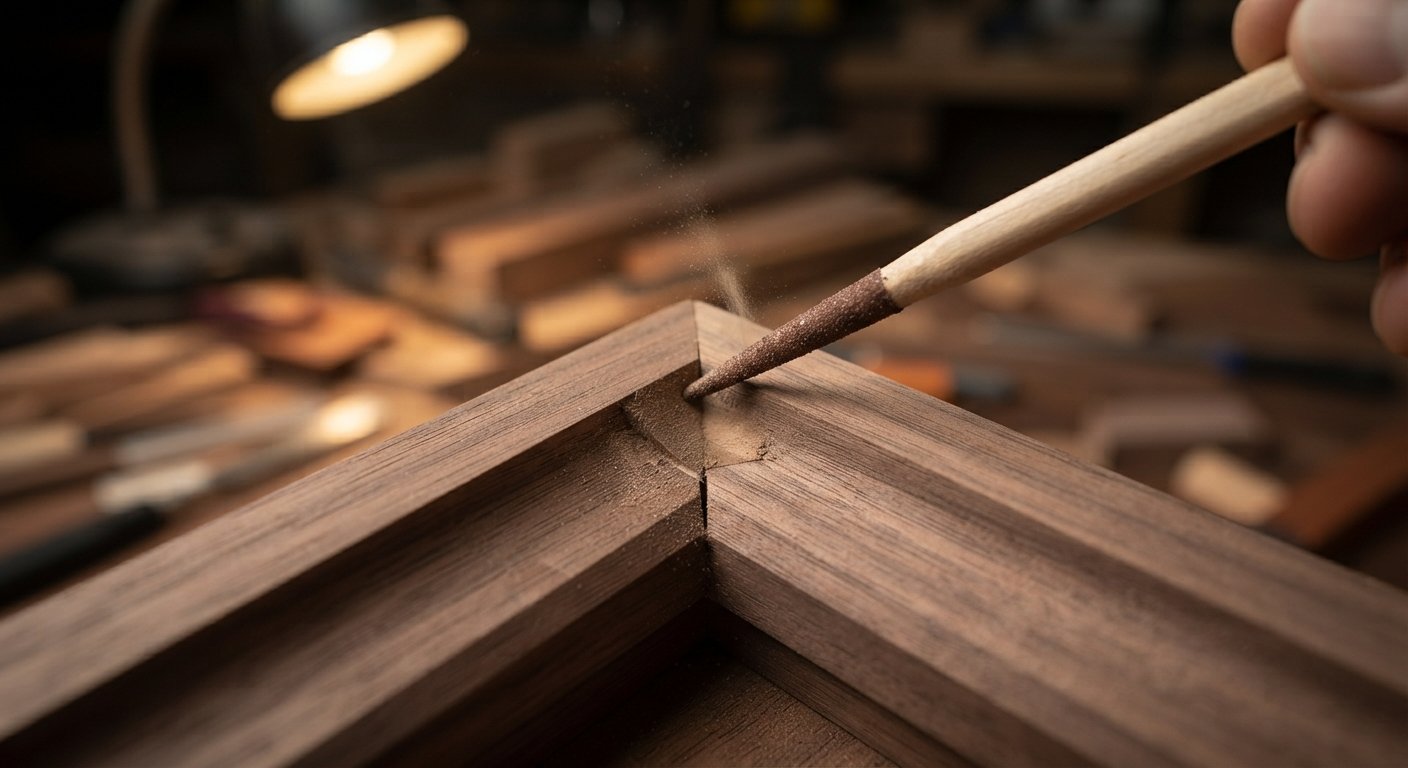 A narrow sanding stick reaching into a tight corner joint of a wooden frame.