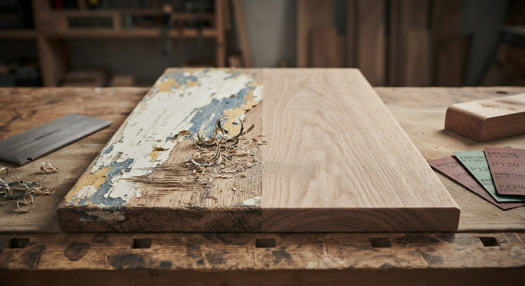 Side-by-side view showing wood after scraping versus after sanding.