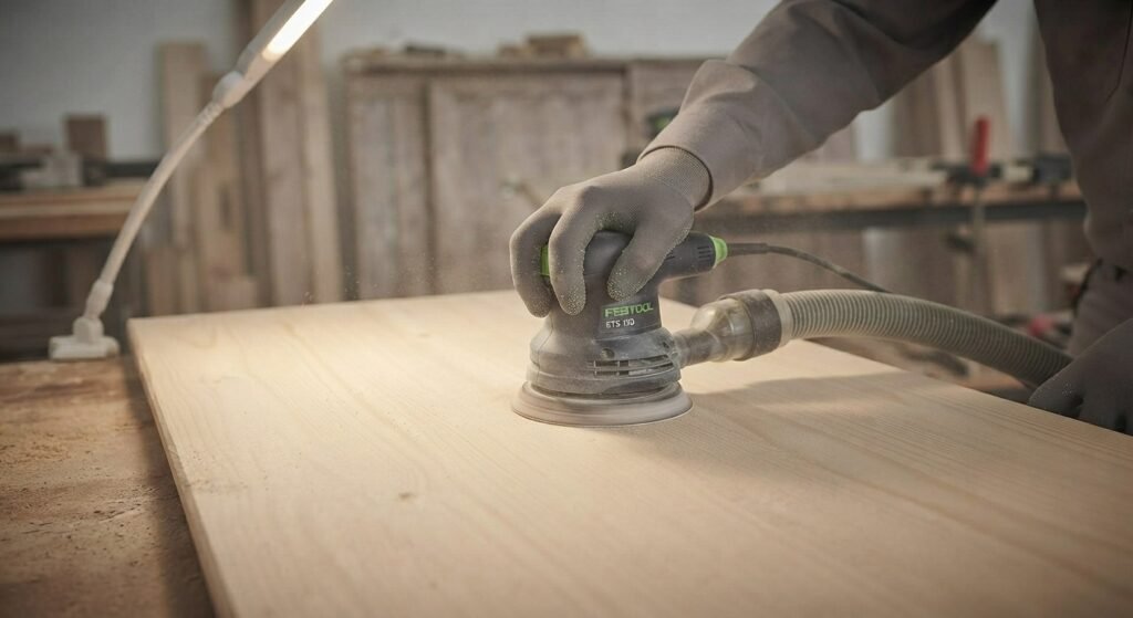 Guiding an orbital sander smoothly across a wide pine board.