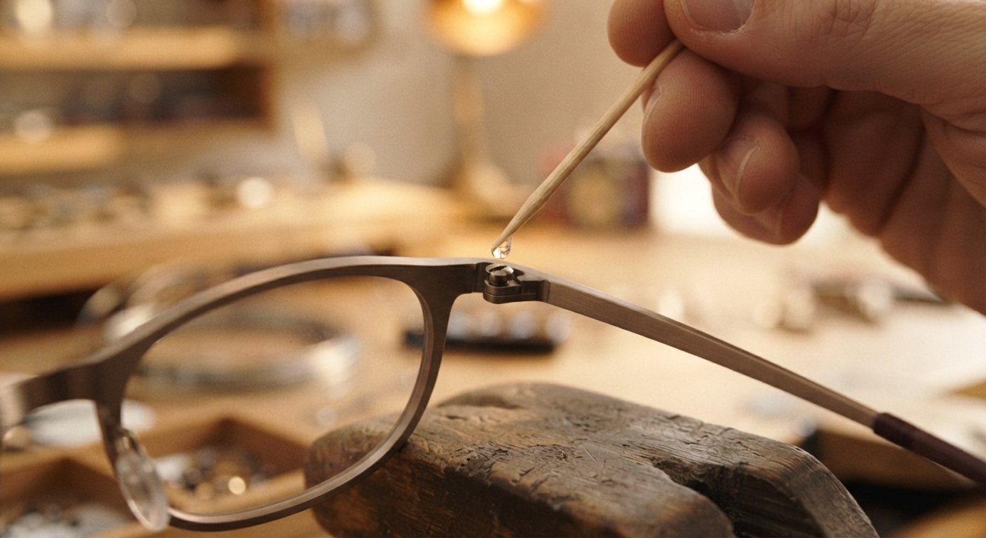 Applying clear nail polish to an eyeglass hinge screw with a toothpick.