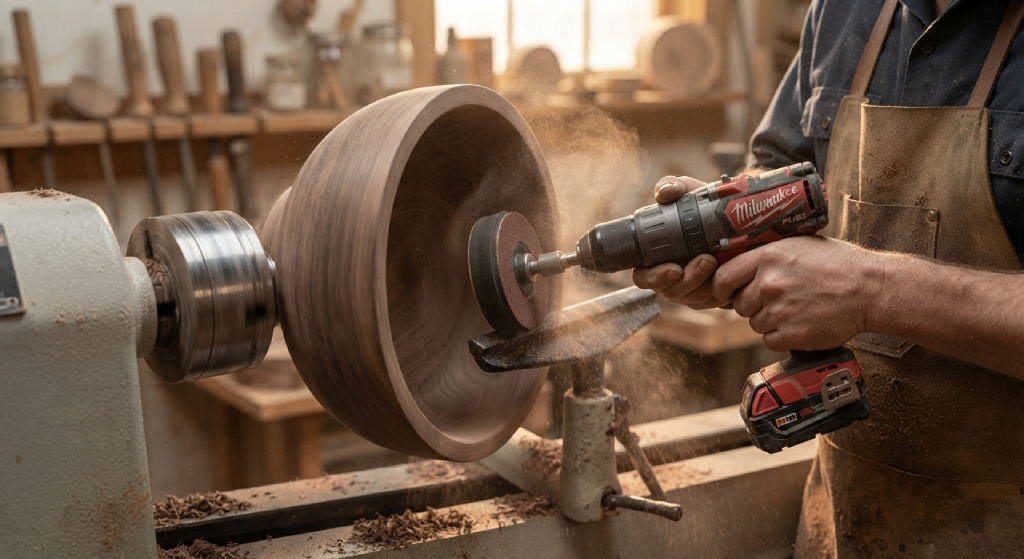 Power sanding the inside of a wooden bowl on a lathe using a drill-mounted mandrel.