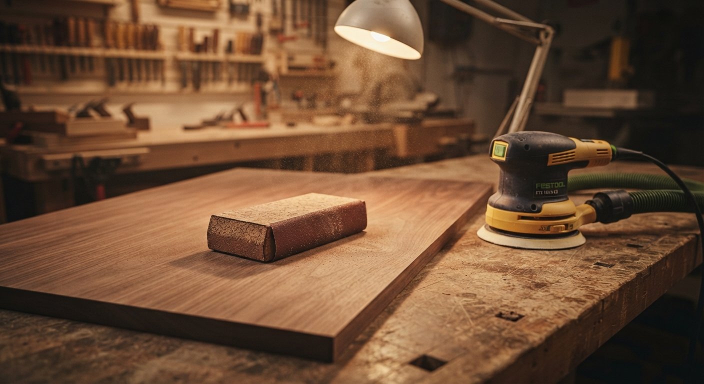 Comparison of a hand sanding block and a random orbital sander on a veneered tabletop.