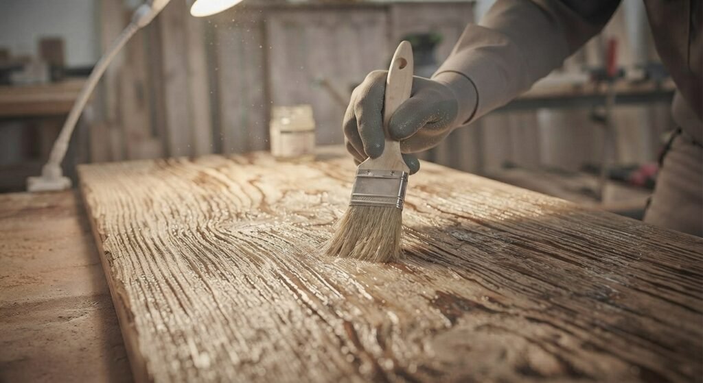 Brushing clear sealant onto a sandblasted wooden surface.