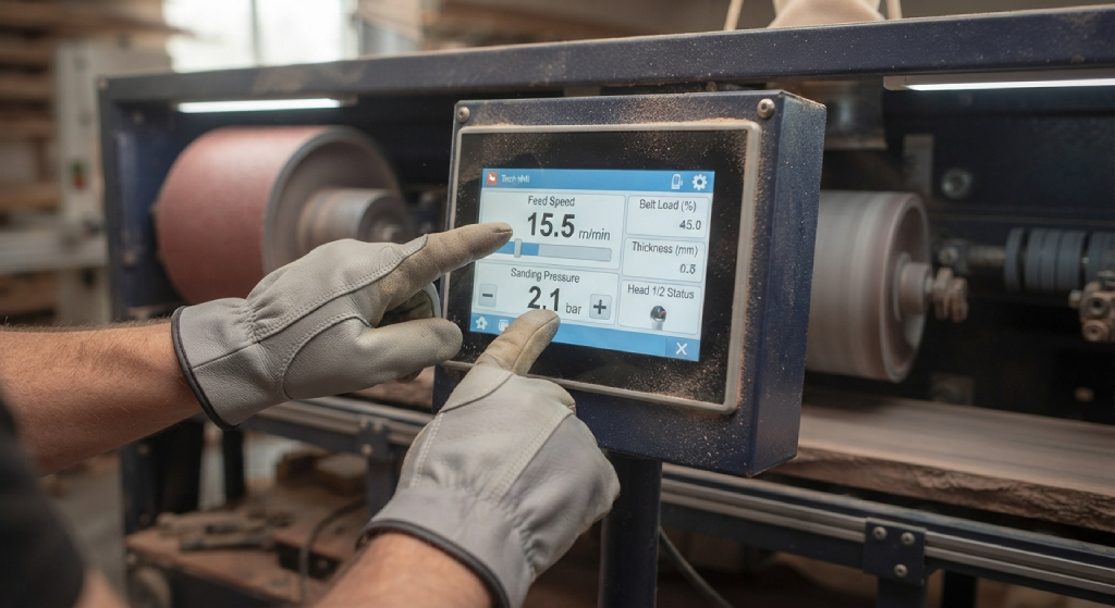 Operator using the digital control panel of an automatic sander.
