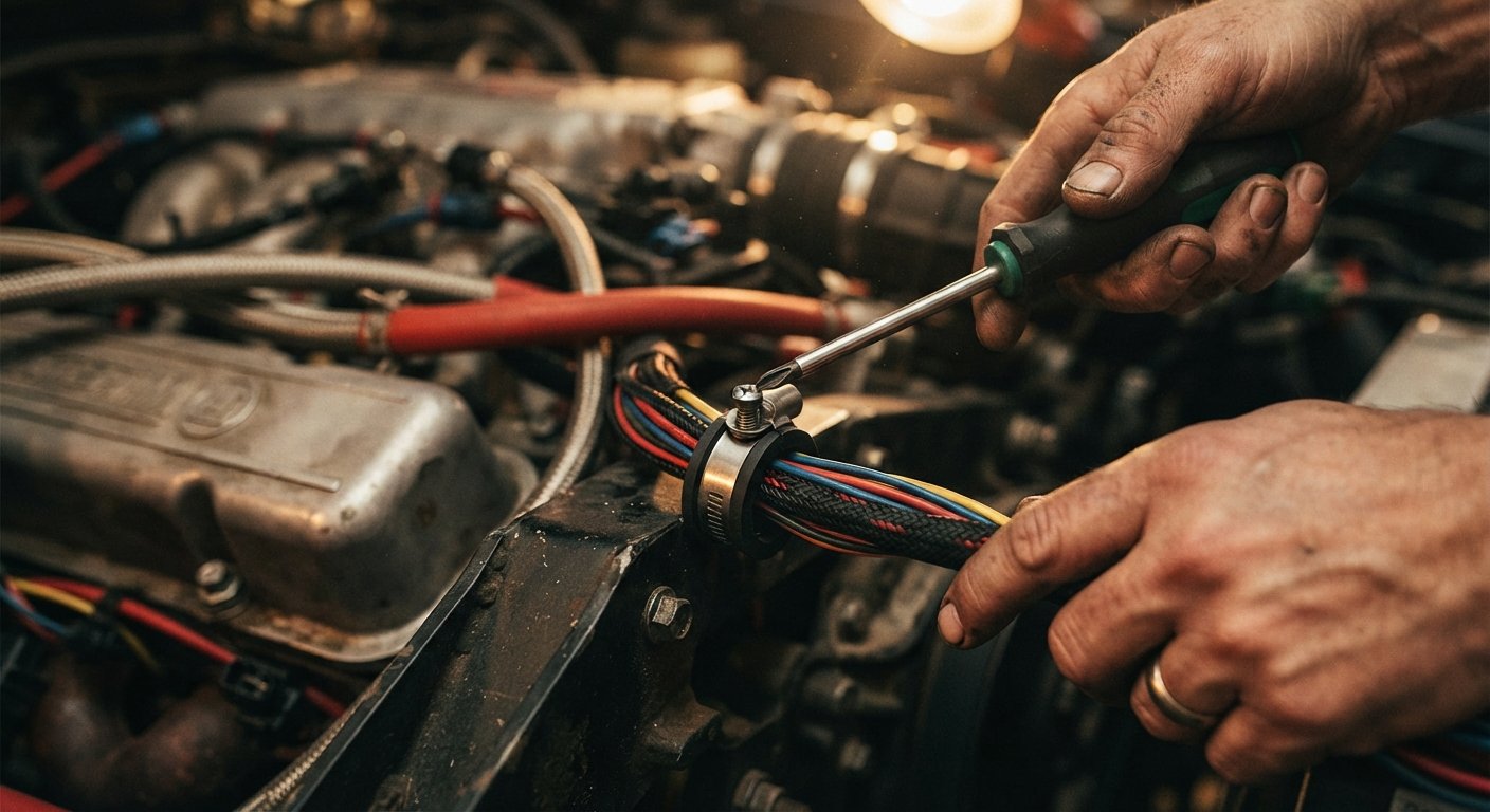 Securing a stainless steel P-clamp around a wiring harness in an engine bay.