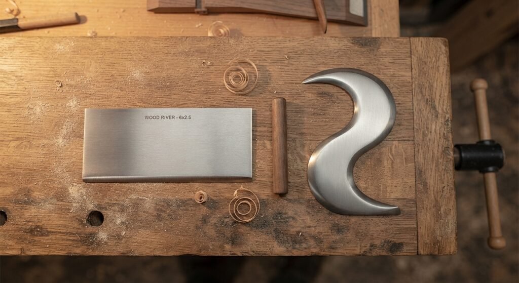 Flat and gooseneck card scrapers laid out on a workshop bench.