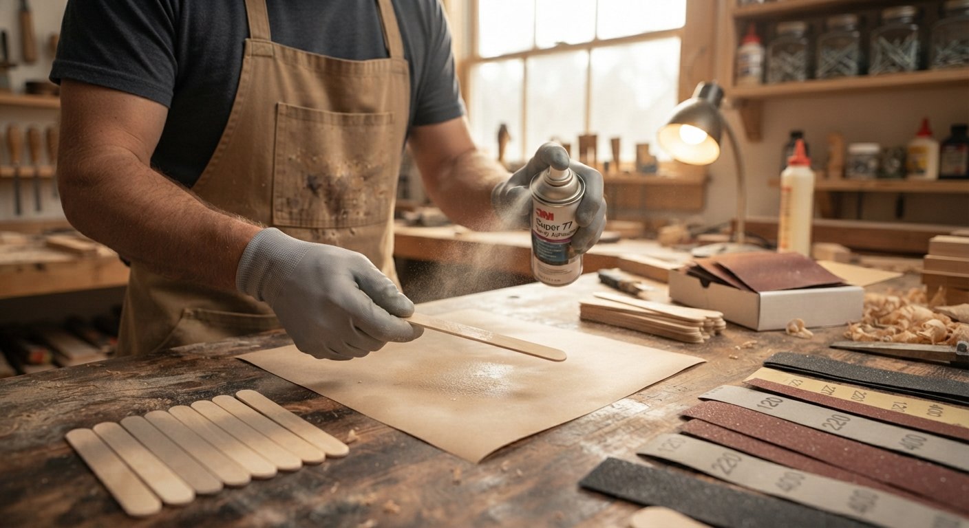 Applying adhesive to craft sticks to make DIY wood sanding sticks.