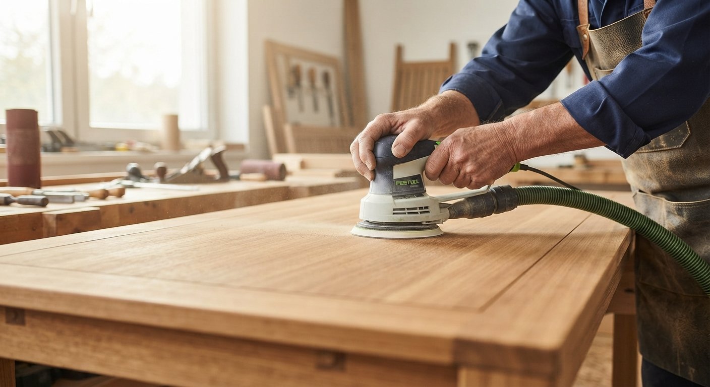 Woodworker sanding and finishing a solid wood furniture piece in a workshop.