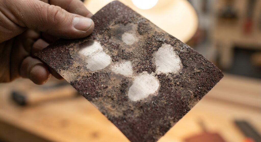 Inspecting worn-out sandpaper showing bald spots and missing grit.