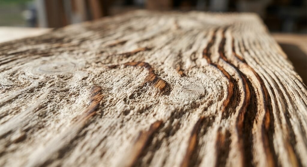 Close-up of sandblasted wood revealing raised grain texture.