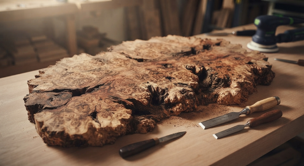 Close-up of raw redwood burl with natural voids and eyes.