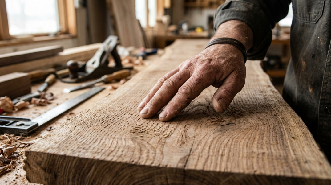 Running fingers along a wooden board to feel the wood grain direction.