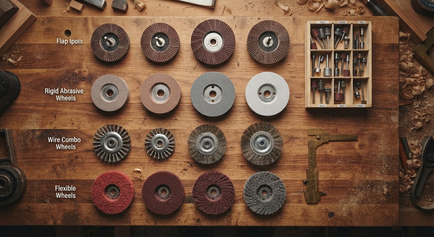 Assorted sanding wheels including flap wheels, rigid abrasive wheels, and flexible wheels on a workbench.